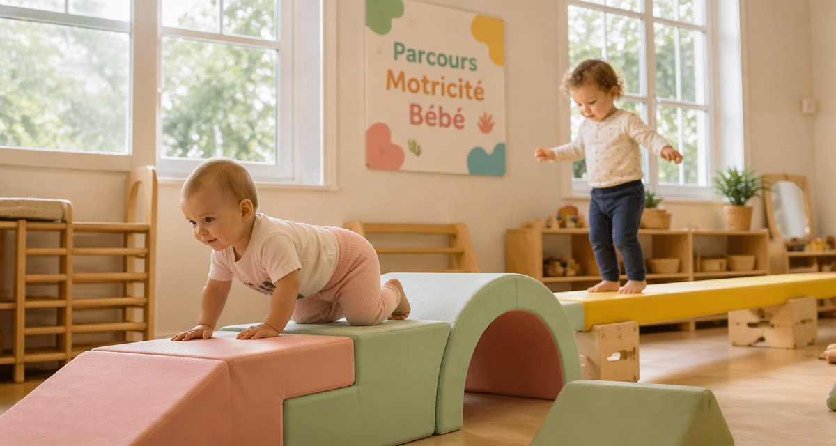 parcours motricité bébé en crèche, enfants sur modules