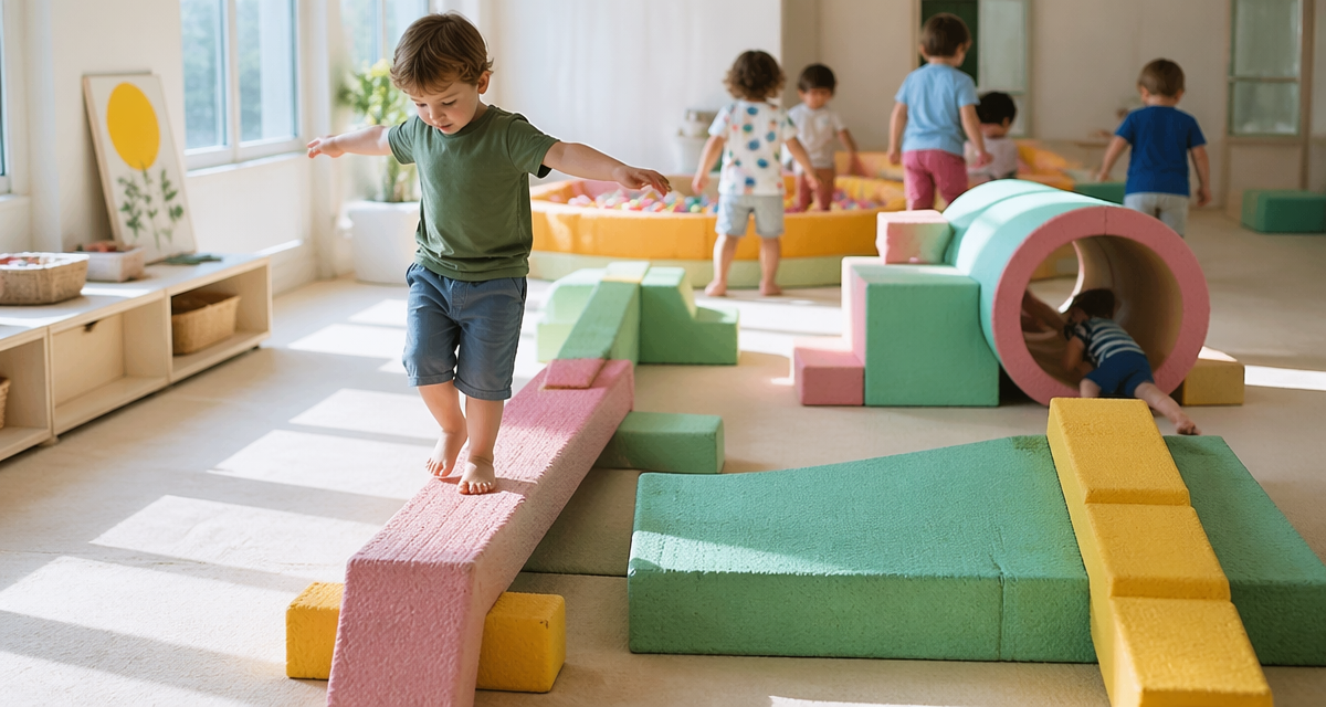 Enfants sur parcours motricité en mousse