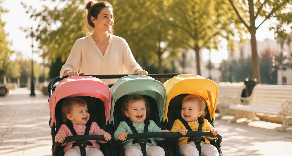 poussette triple côte à côte avec enfants dans un parc