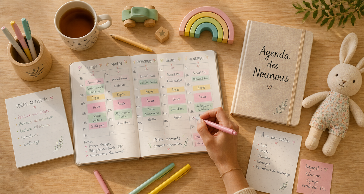 agenda des nounous ouvert sur une table avec accessoires