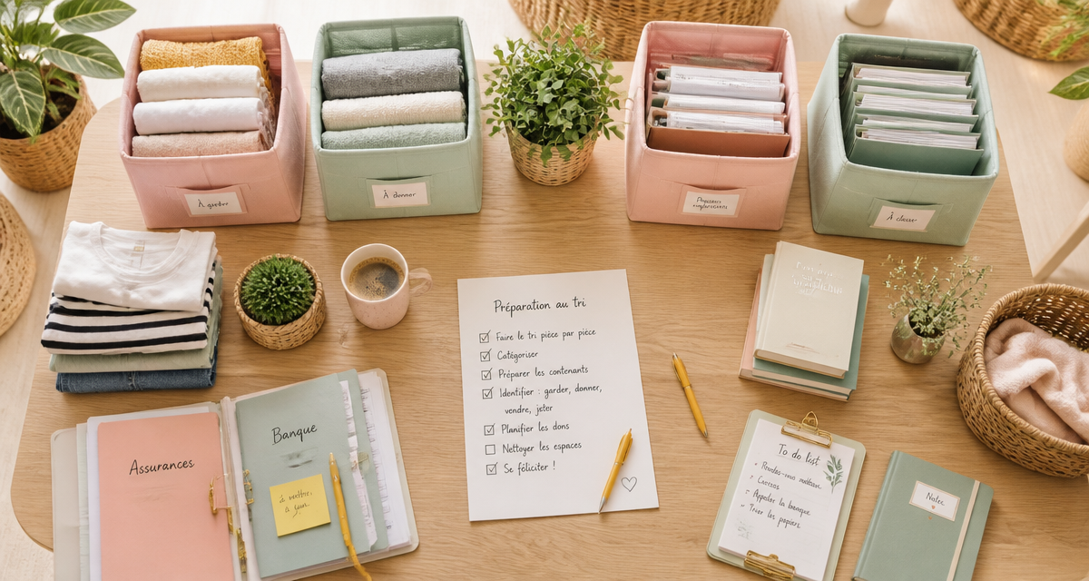 Aide rangement maison table tri boîtes pastel