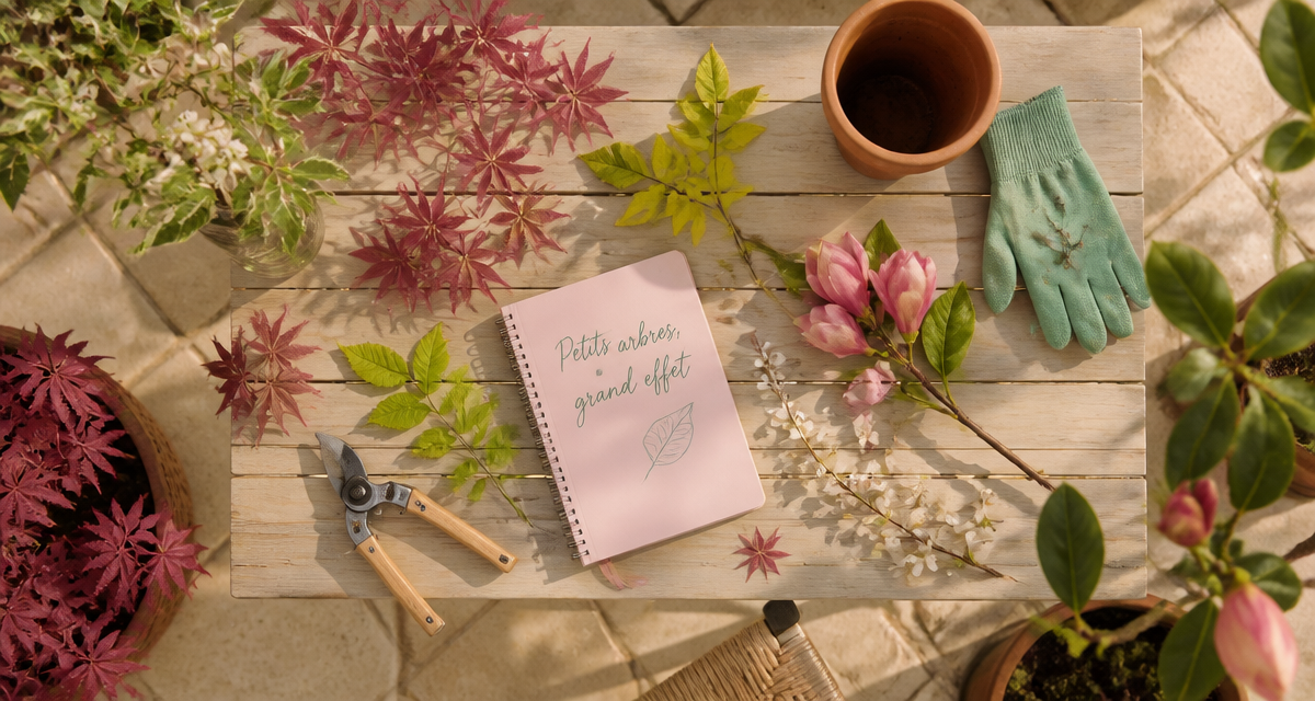 arbres pour petit jardin sur table et feuilles