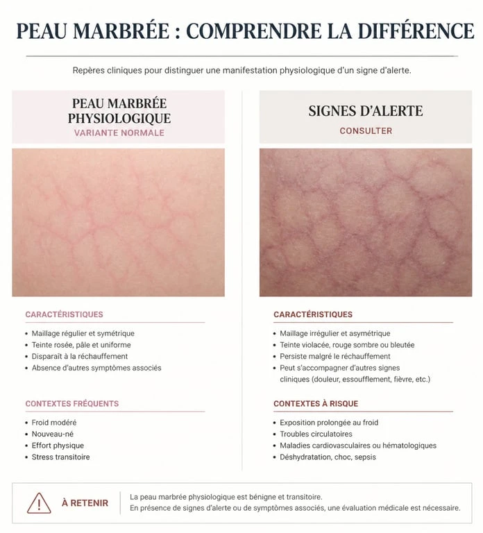 Infographie comparative peau marbrée enfant : signes bénins vs signes d'alerte