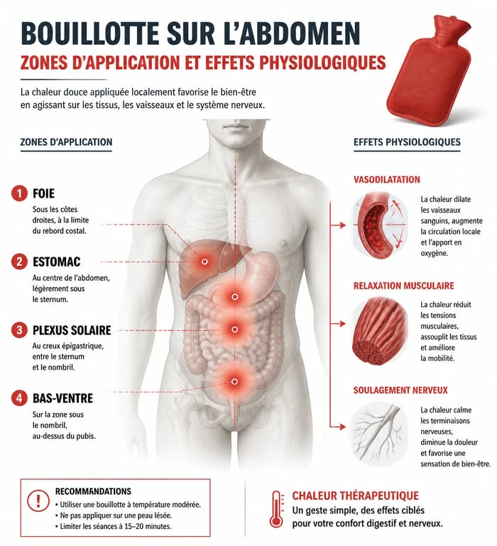Infographie des zones d'application de la bouillotte sur le ventre pour soulager les douleurs et améliorer la digestion