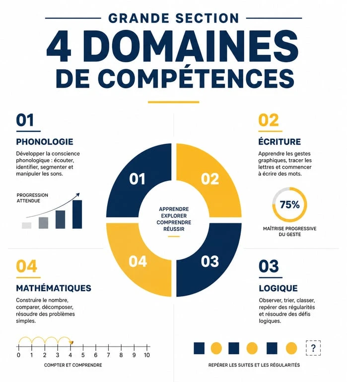 Infographie récapitulative des domaines de compétences et exercices clés pour la Grande Section de maternelle