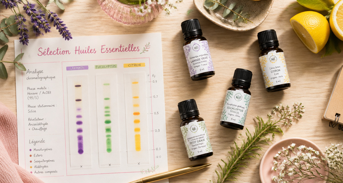 huiles essentielles marques sur bureau avec plantes et fiche analyse