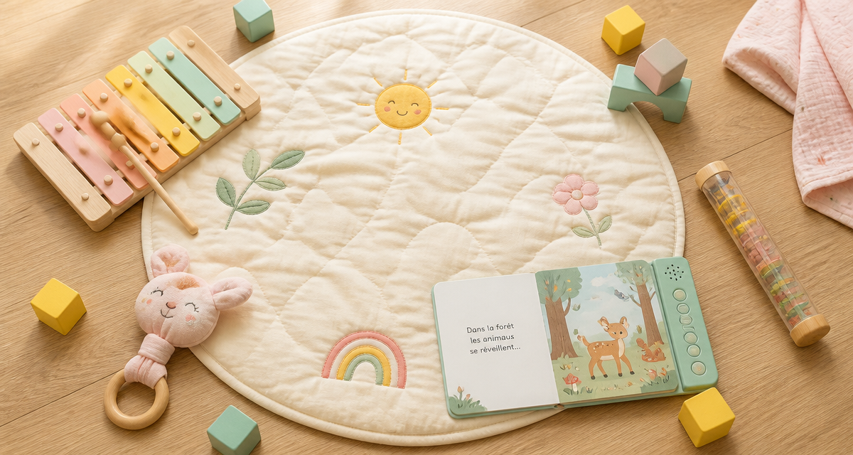 jeux musical pour bebe sur tapis d eveil en bois et tissu