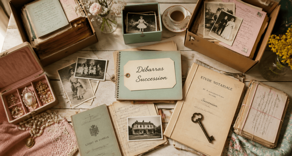 Vider maison après décès, table avec cartons et souvenirs