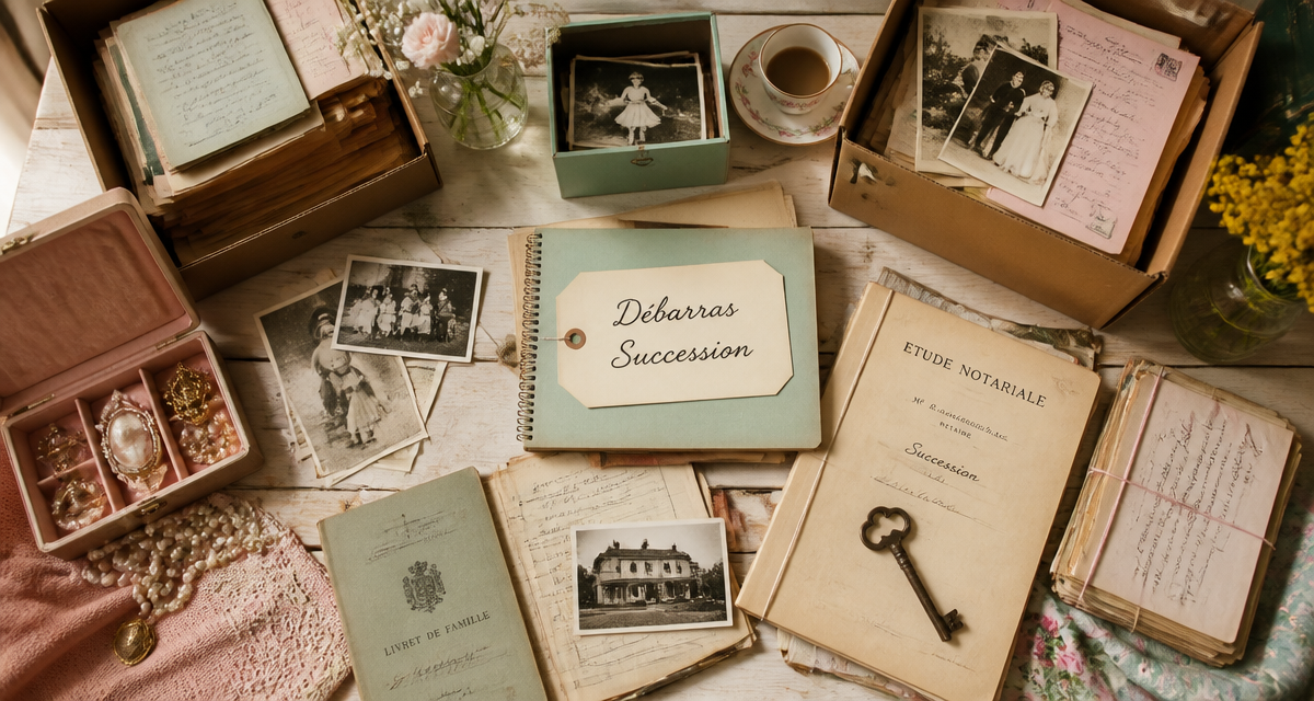 Vider maison après décès, table avec cartons et souvenirs
