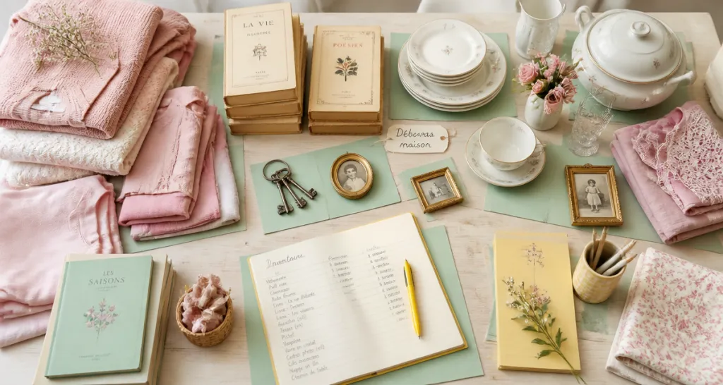 Vider maison après décès, objets triés sur table