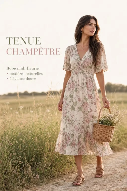 Tenue champêtre femme : robe midi fleurie et accessoires discrets en extérieur