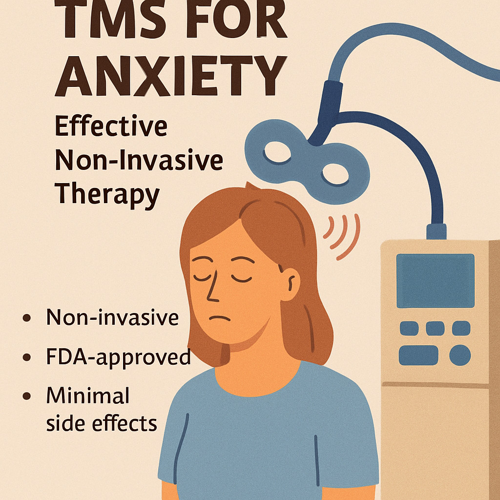 Anxiety treatment with TMS, diagram showing how it works and key points