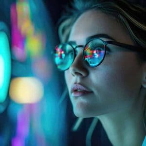 Reflective glasses with colorful digital displays reflecting on technology and brain performance.