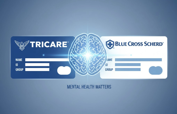 graphic showing two insurance cards side by side — one labeled Tricare and one labeled Blue Cross Blue Shield