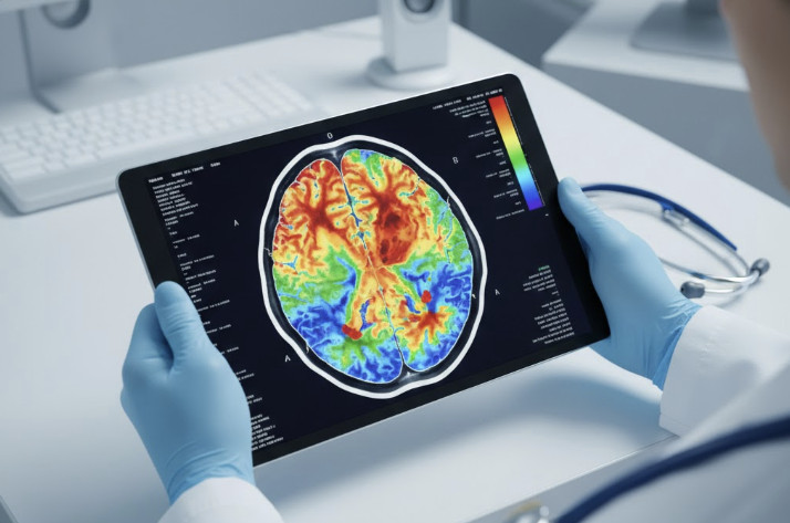 A top-down view of a brain scan (qEEG colorful brain map) on a tablet screen, held by a clinician in a modern white lab coat, with a stethoscope nearby. Bright, clinical, and futuristic. Represents personalized brain health diagnostics