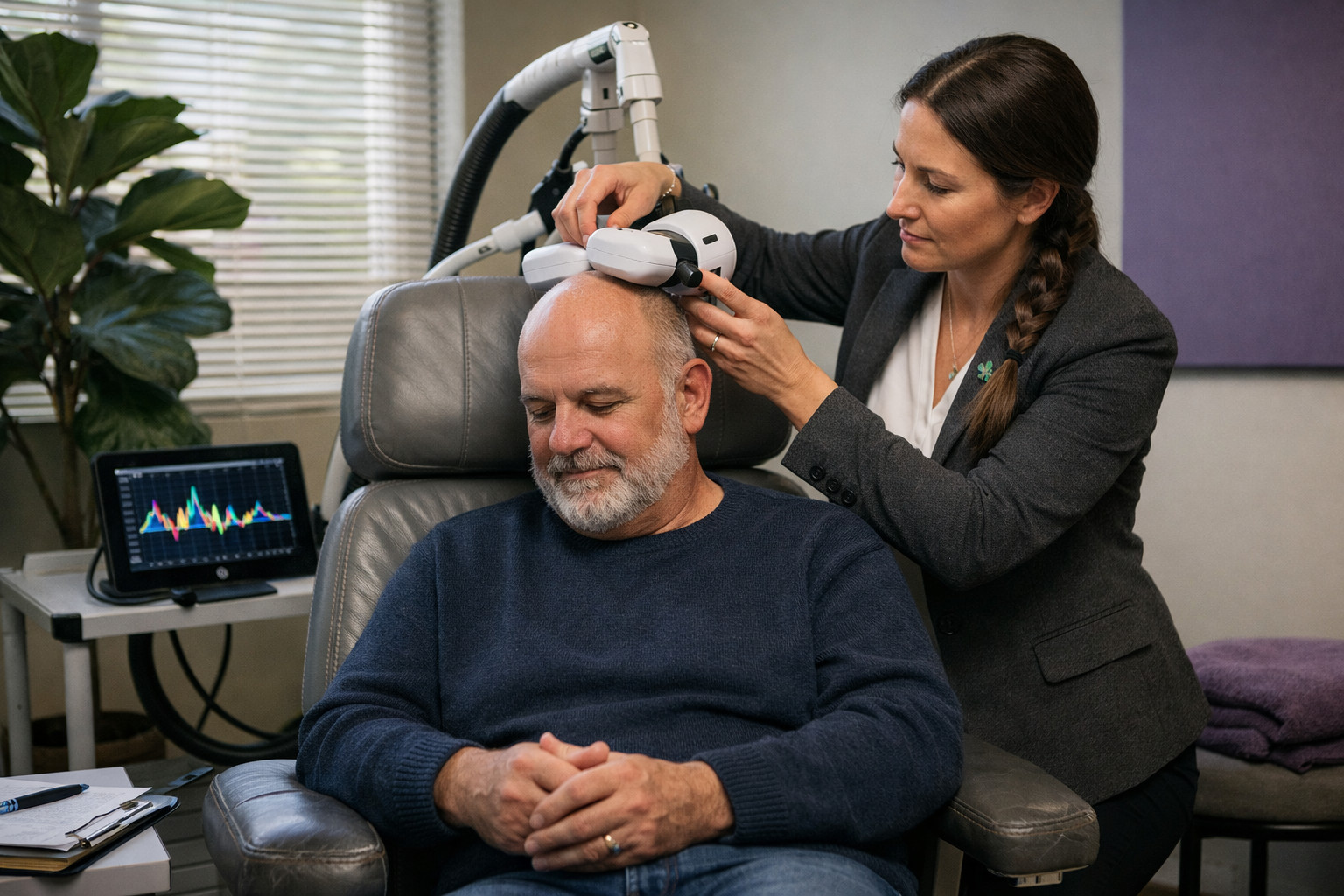Clinician adjusting a TMS device in a bright San Jose treatment room during an ocd treatment san jose appointment