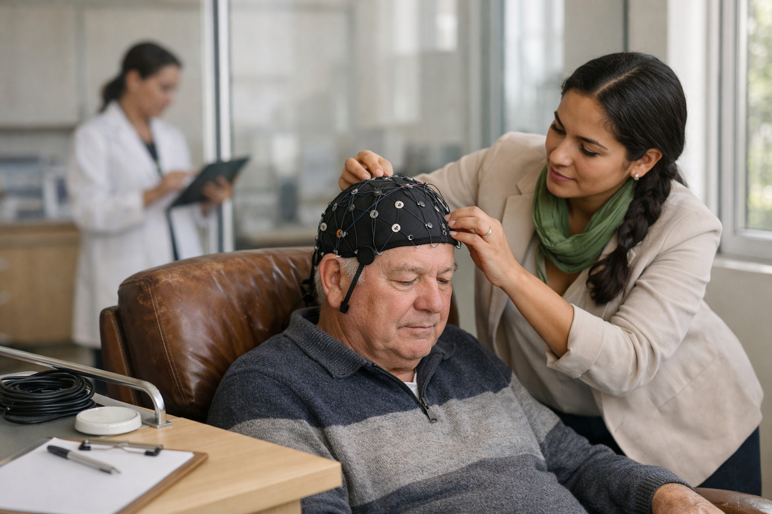 Clinician fitting EEG cap as part of neurotechnology assessment for disorders of attention in a bright modern clinic