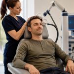 Adult patient receiving an accelerated TMS session in a modern clinic treatment chair