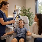 Child receiving non-invasive magnetic brain stimulation session with a clinician and parent nearby