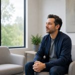 A man sitting calmly in a quiet clinic consultation room considering TMS treatment for PTSD