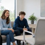 A parent and teenage child sitting together in a bright clinic consultation room discussing TMS treatment options