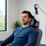 Patient seated calmly in a TMS treatment chair wearing earplugs, with the magnetic coil arm positioned beside the headrest