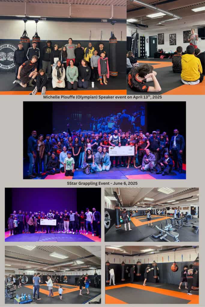 Olympian Michelle Plouffe speaking at Bravé MMA and Fitness event on April 13, 2025, with group members in martial arts training facility.