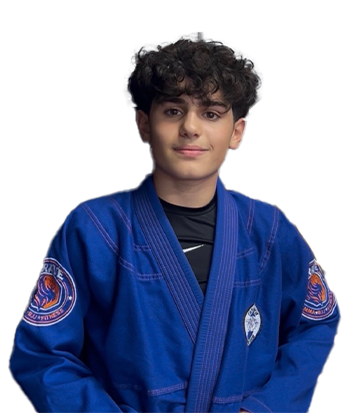 Young male Brazilian Jiu-Jitsu athlete in a blue gi with patches, standing confidently in front of a martial arts logo.