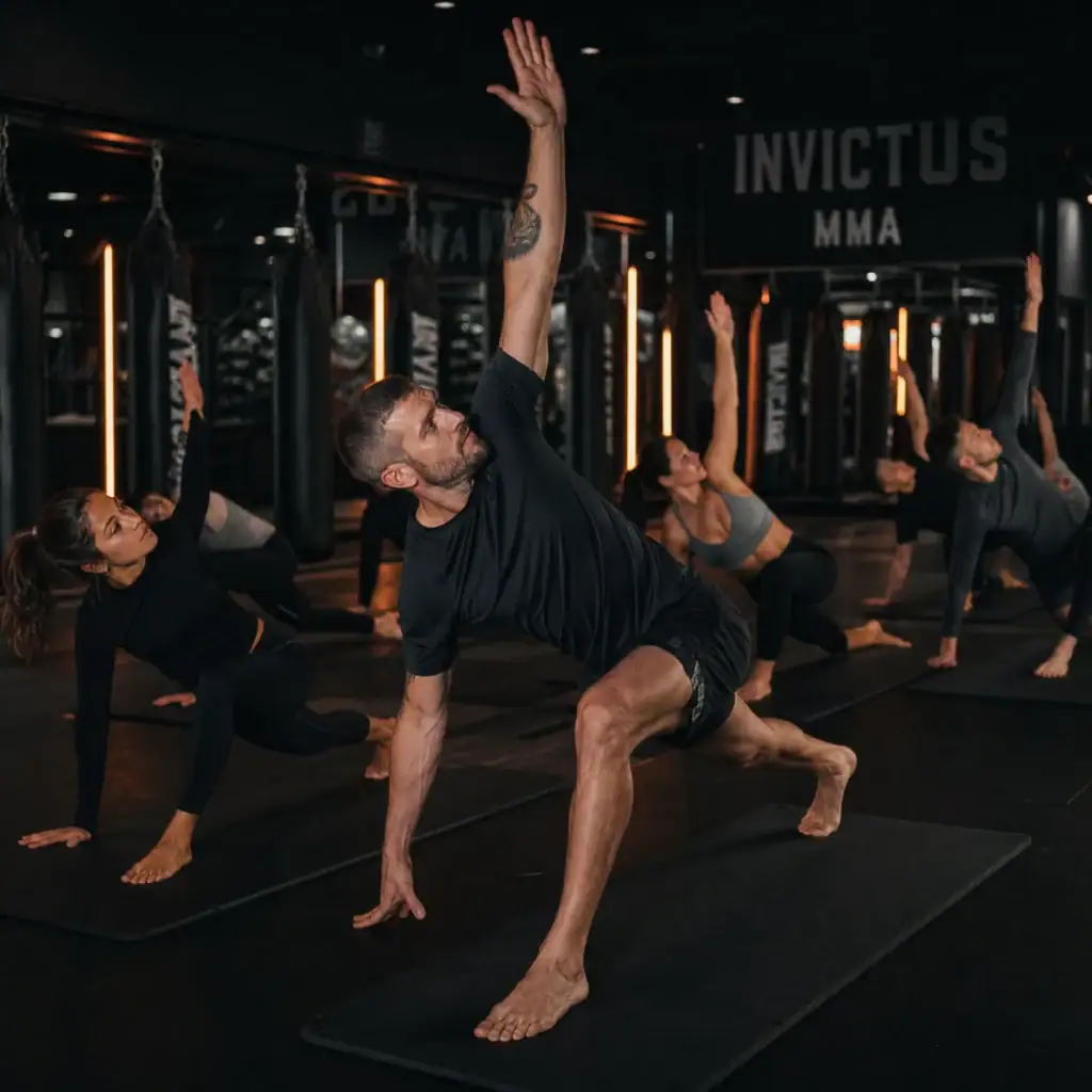 People practicing yoga in a dark studio with focused lighting, led by an instructor demonstrating a pose, promoting fitness and wellness.