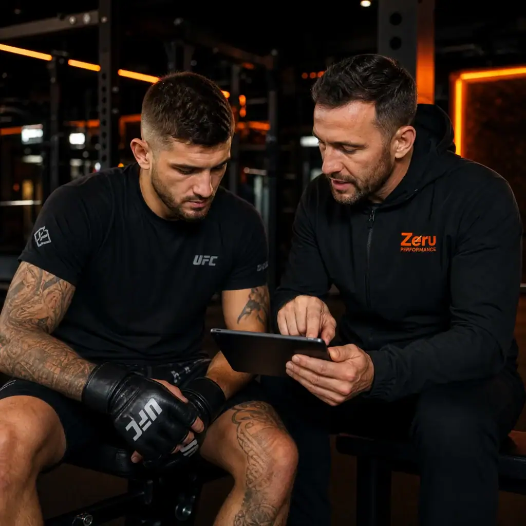 Trainer and athlete reviewing training plan on tablet in gym setting.
