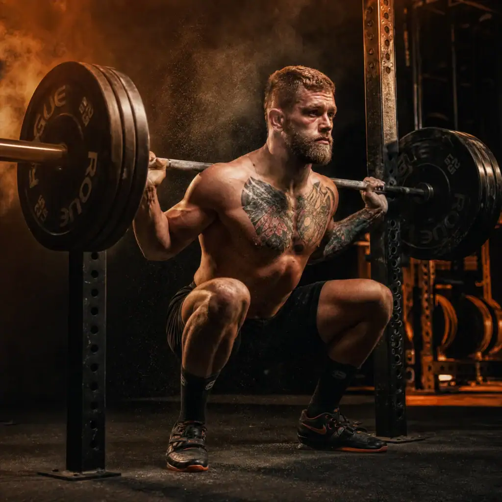 Man with tattoos lifting weights in squat position at gym, intense workout scene.