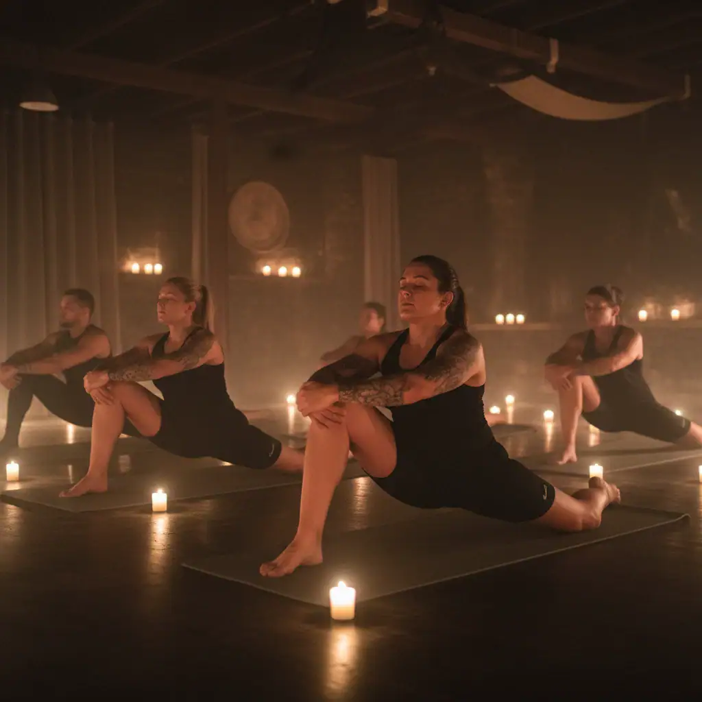 Group of women practicing yoga in a dimly lit studio with candles, focusing on flexibility and mindfulness.