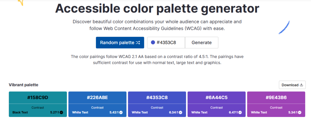 Accessible colour palette generator with contrast ratios.