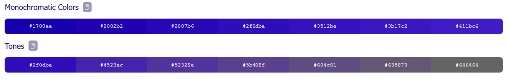 Monochromatic colours and tones with hex codes.