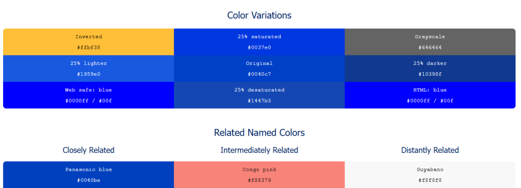 Colour variations and related blue shades table