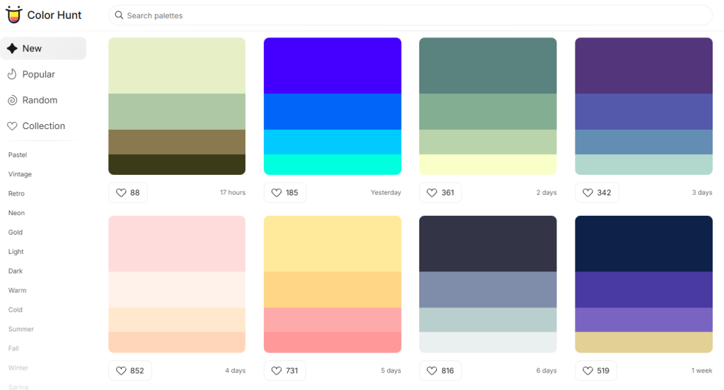 Colour palettes grid with favourites and time since posted.