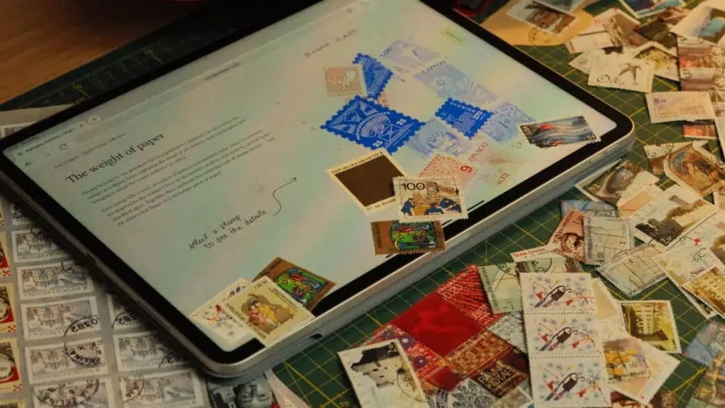 Curate interactive digital stamp gallery with shaders, animated postcards, playful inspection