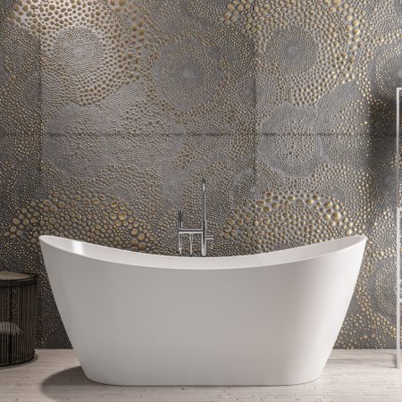 Modern freestanding white bathtub in a luxurious bathroom with textured metallic wall design. Perfect for contemporary bathroom renovations by Broadoak Kitchens Ltd.