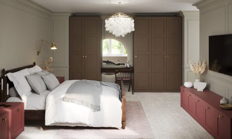 Contemporary bedroom featuring custom-built Broadoak Kitchens wardrobes with elegant design and ample storage space. Perfect for modern home interiors.
