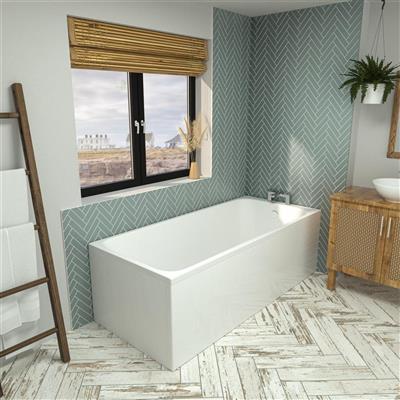 Modern white bathtub in stylish bathroom with patterned wallpaper, wooden accents, and large window, showcasing bespoke bathroom furniture by Broadoak Kitchens Ltd.