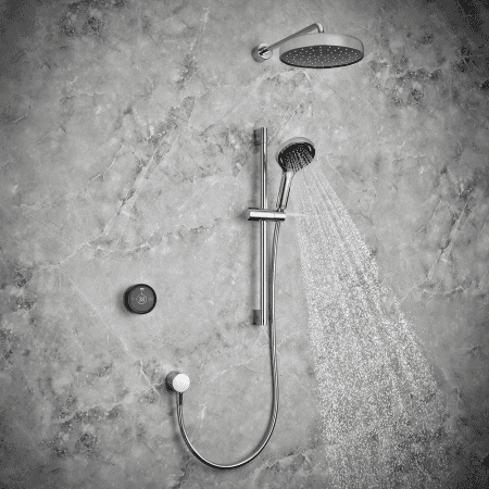 Elegant modern showerhead and handheld shower system on a textured gray stone wall, showcasing contemporary bathroom fixtures and design.