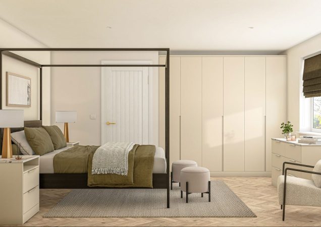 Modern bedroom featuring custom-built wardrobes and minimalist design by Broadoak Kitchens Ltd.