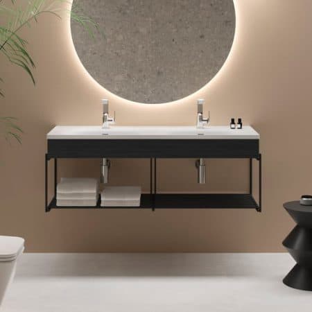 Sleek modern bathroom vanity with dual sinks, black finish, illuminated round mirror, and minimalist decor, perfect for contemporary home bathroom design.