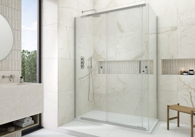 Sleek modern walk-in glass shower enclosure in contemporary bathroom with marble tiles and minimalist decor.