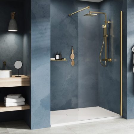 Bright modern walk-in shower with sleek gold fixtures and dark blue walls, showcasing contemporary bathroom design ideas by Broadoak Kitchens Ltd.