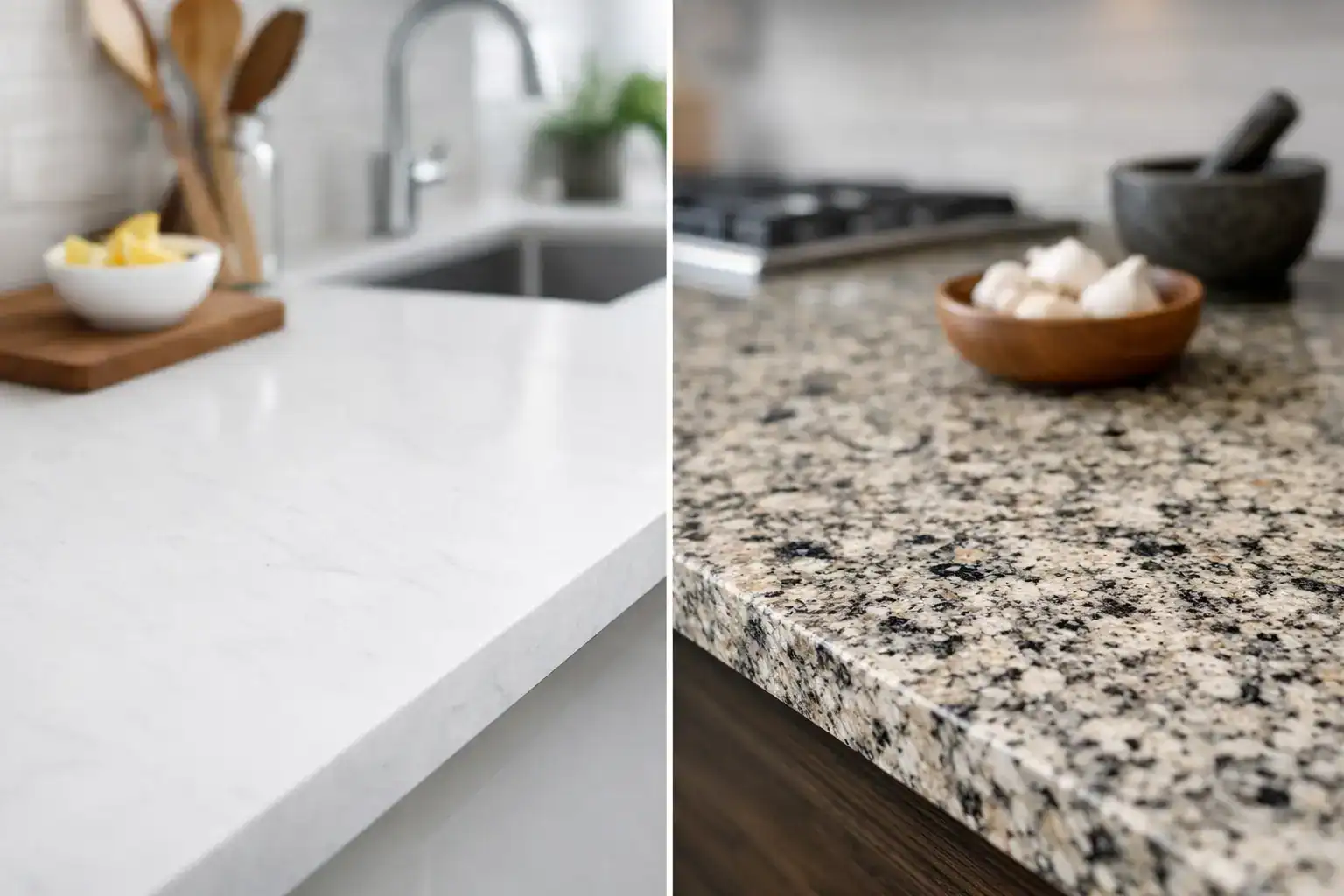 Comparison of quartz and granite kitchen countertops showing different textures and finishes for modern kitchen design.