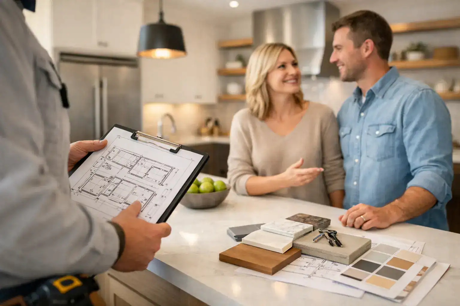 Happy couple discussing kitchen renovation plans with a professional, showcasing modern kitchen design and planning tools.