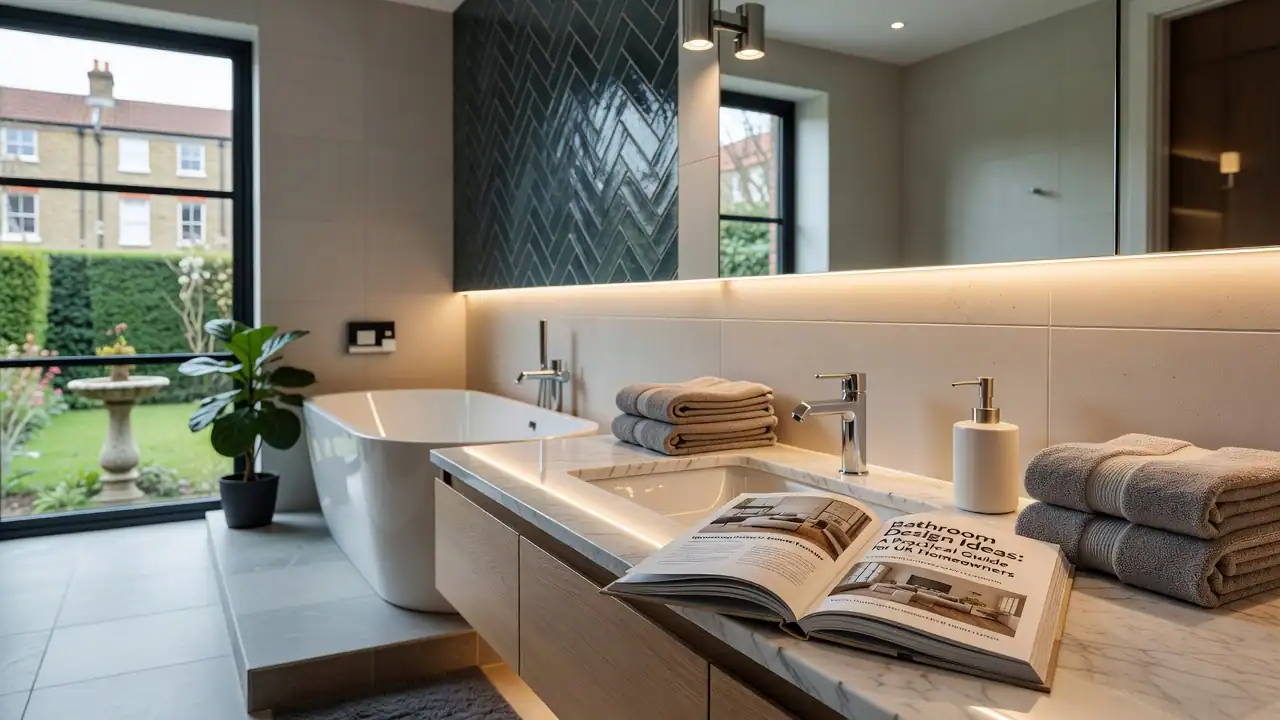 Contemporary bathroom with sleek vanity, bathtub, and large window showcasing garden view, featuring modern fixtures and elegant decor.