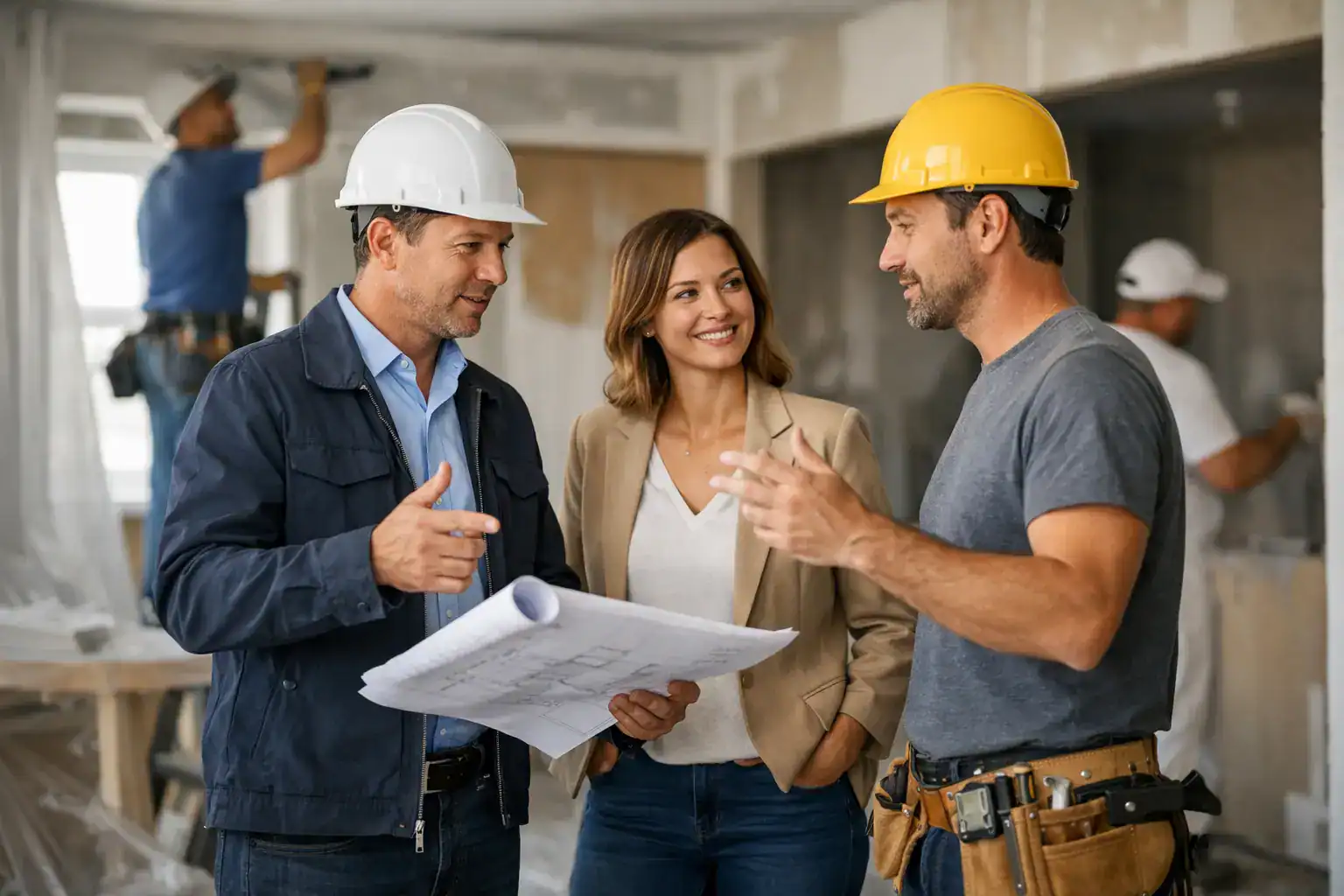 Construction professionals discussing plans and progress at a renovation site, highlighting teamwork and project coordination.