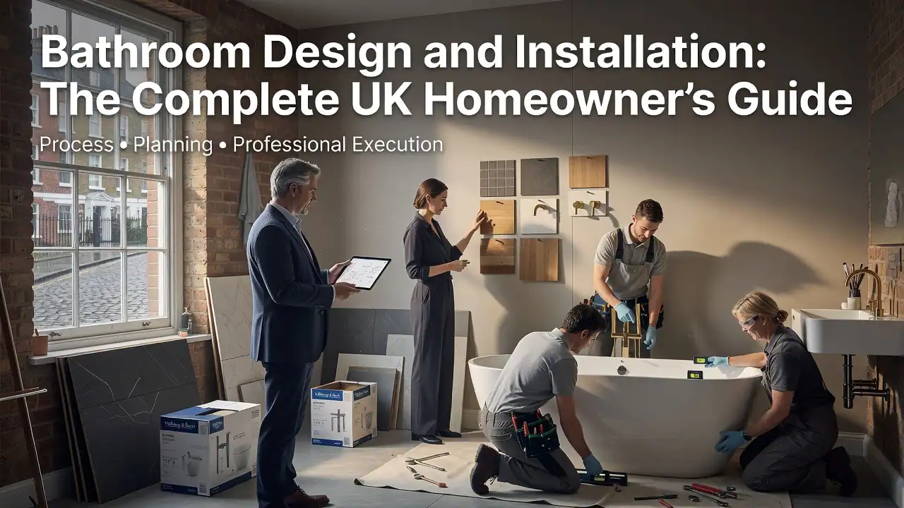 Professional header image for educational tutorial: Bathroom Design and Installation: The Complete UK Homeown...